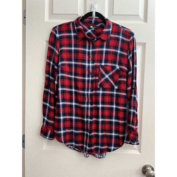 KUT FROM THE KLOTH Red Plaid Mix Media Button Up Shirt Blouse - Picture 2 of 13